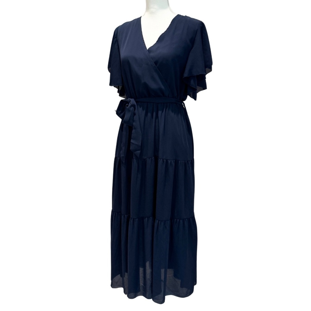 NWOT Navy Blue Flowy Midi Dress | Ruffle Sleeves + Elastic Waist (M) - Picture 8 of 13